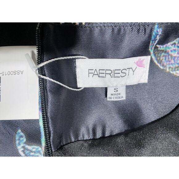 Faeriesty Evening Dress Size Small Black Blue Silver Flowers Polyester Lined NEW - Picture 8 of 9